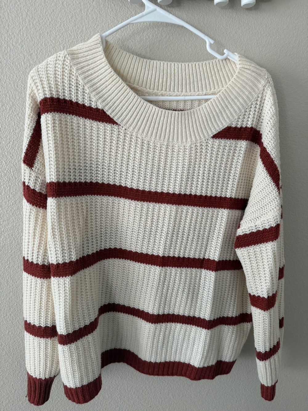 Cream and Burgundy Striped Knit Sweater - Women's Crewneck
